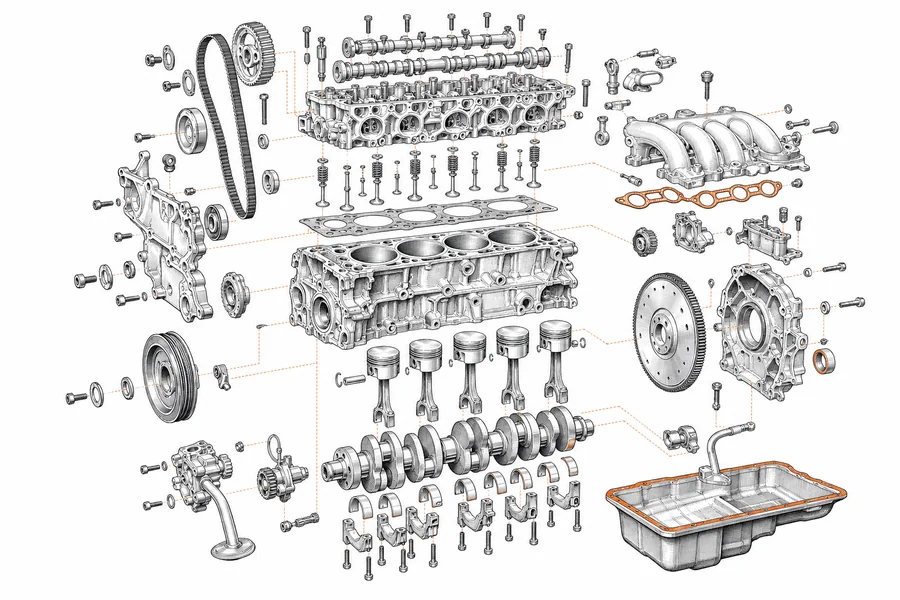 Despiece técnico completo de un motor con bloque, culata, pistones y cigüeñal
