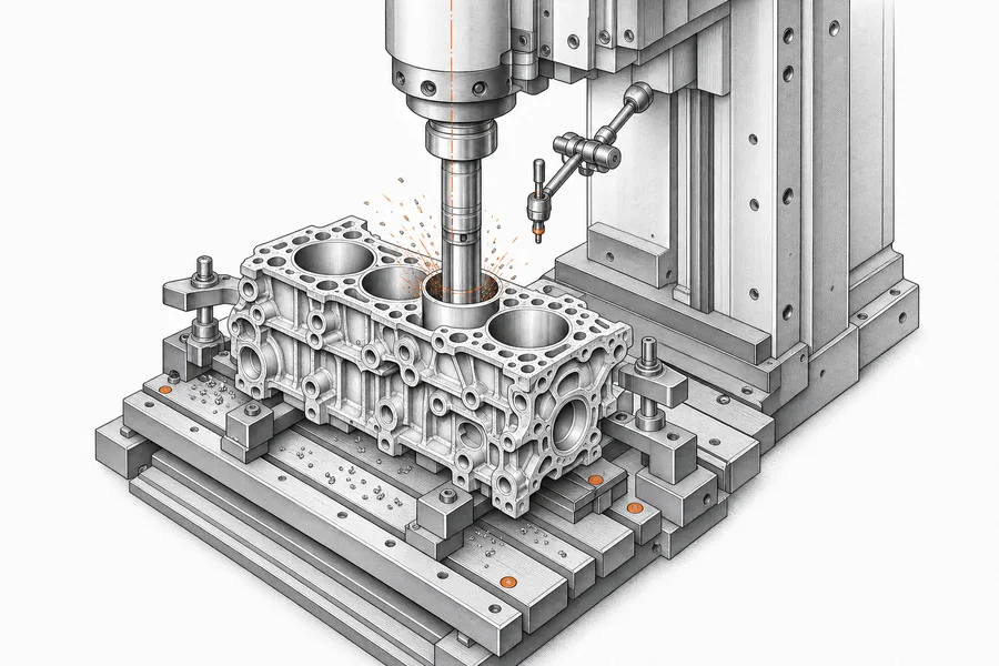 Mecanizado de precisión de un bloque motor en una máquina CNC vertical