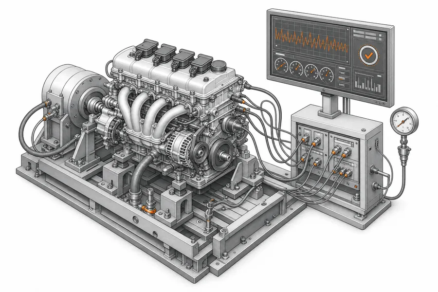 Motor reconstruido conectado a un banco de pruebas y sistema de diagnóstico