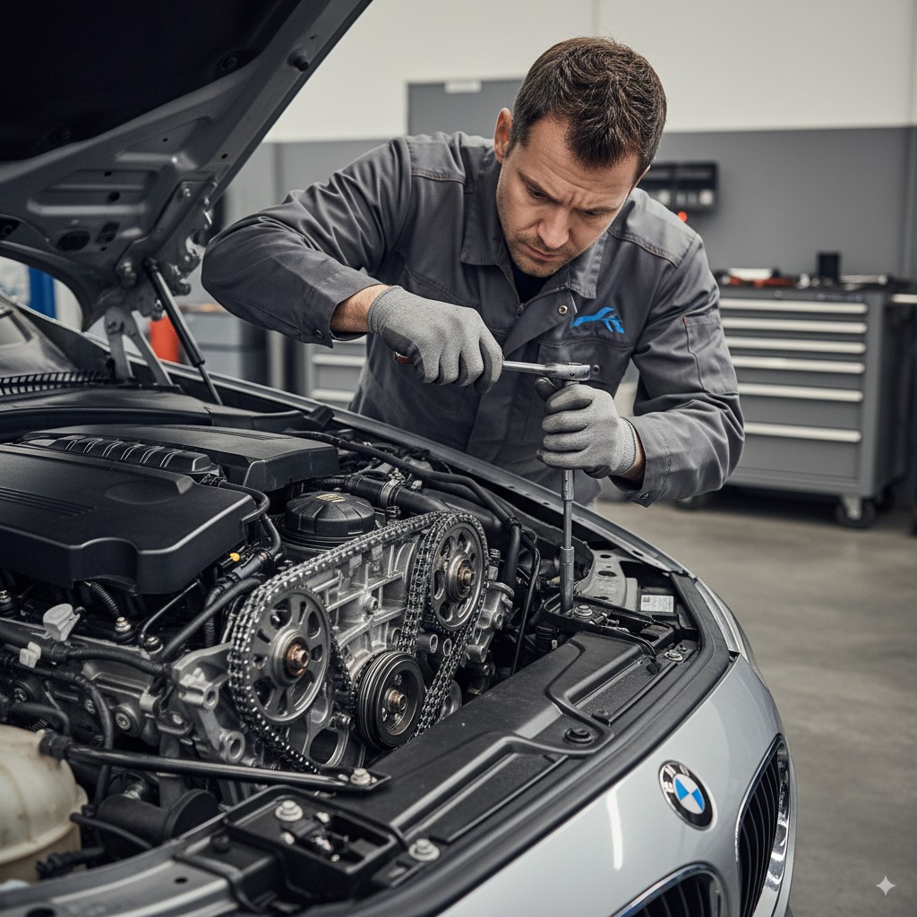 Motor BMW N47 y cadena de distribución en taller